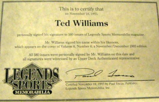 TED WILLIAMS L.E. SIGNED LEGENDS SPORTS MAGAZINE w/COA