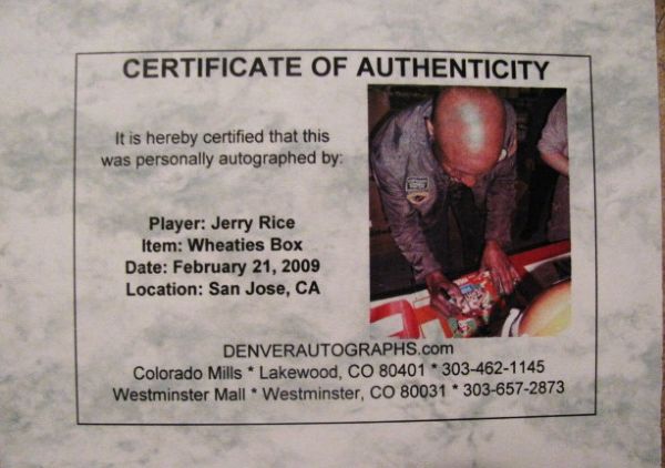 JERRY RICE #80 SIGNED WHEATIES BOX W/COA