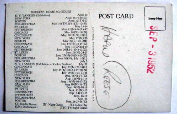 1952 PEE WEE REESE POST CARD / BROOKLYN DODGER SCHEDULE