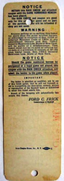 1954 BROOKLYN DODGERS PHANTOM FULL TICKET