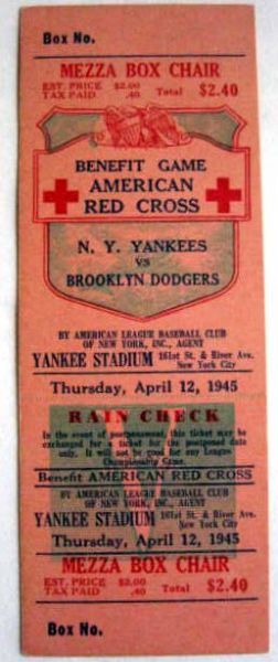 1945 NEW YORK YANKEES VS BROOKLYN DODGERS BENEFIT GAME FULL TICKET