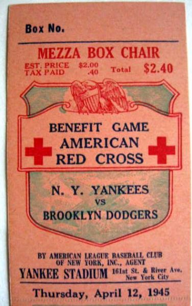 1945 NEW YORK YANKEES VS BROOKLYN DODGERS BENEFIT GAME FULL TICKET