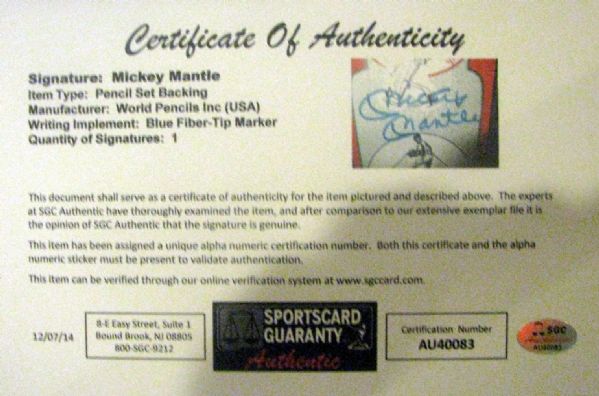 MICKEY MANTLE SIGNED PENCIL SET ON CARD w/SGC COA