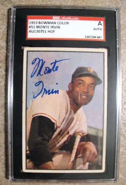 MONTE IRVIN 1953 BOWMAN COLOR SIGNED BASEBALL CARD - SGC SLABBED & AUTHENTICATED