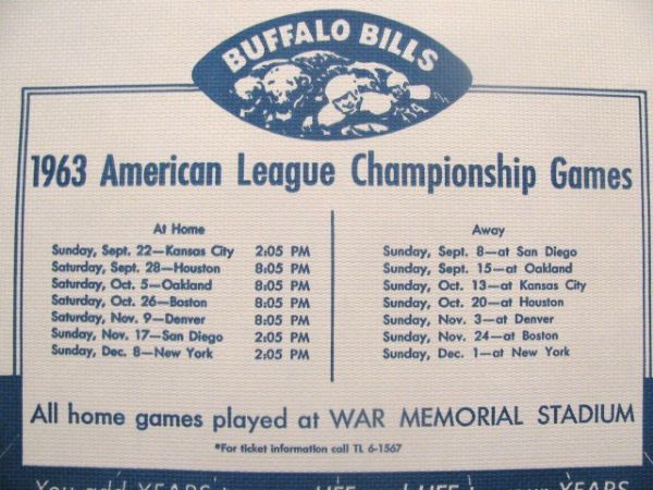1963 AFL BUFFALO BILLS FOOTBALL SCHEDULE PLACEMAT 