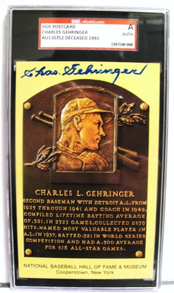 CHAS GEHRINGER SIGNED HOF POST CARD - SGC SLABBED & AUTHENTICATED