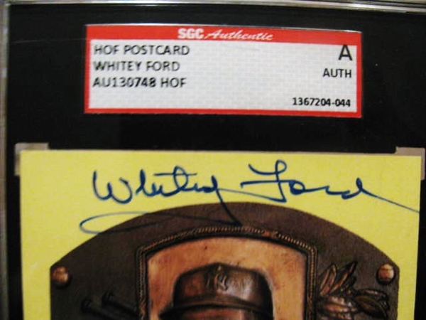 WHITEY FORD SIGNED HOF POST CARD - SGC SLABBED & AUTHENTICATED