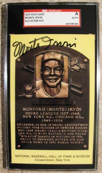 MONTE IRVIN SIGNED HOF POST CARD - SGC SLABBED & AUTHENTICATED
