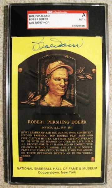 BOBBY DOERR SIGNED HOF POST CARD - SGC SLABBED & AUTHENTICATED