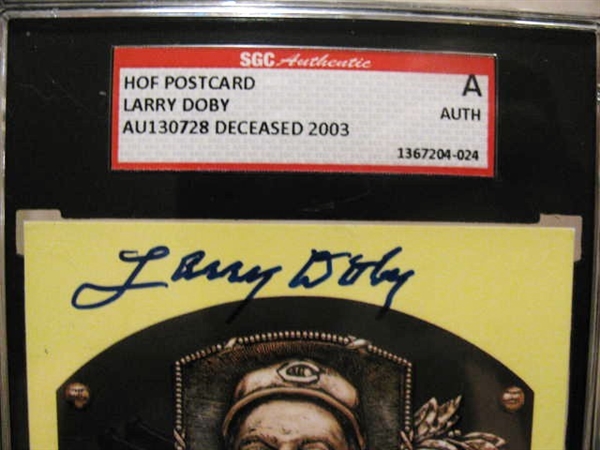 LARRY DOBY SIGNED HOF POST CARD - SGC SLABBED & AUTHENTICATED
