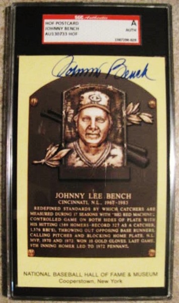 JOHNNY BENCH SIGNED HOF POST CARD - SGC SLABBED & AUTHENTICATED