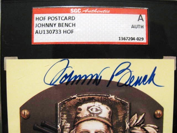 JOHNNY BENCH SIGNED HOF POST CARD - SGC SLABBED & AUTHENTICATED
