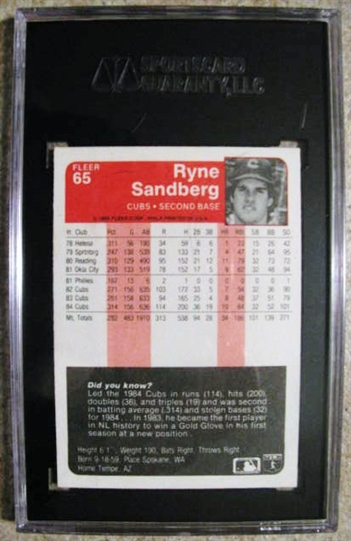 RYNE SANDBERG SIGNED BASEBALL CARD - SGC SLABBED & AUTHENTICATED