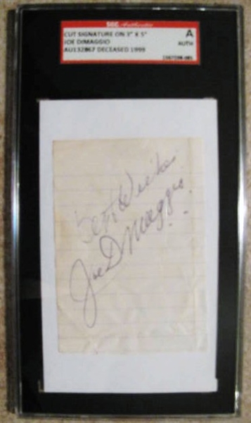 BEST WISHES JOE DIMAGGIO SIGNED 3X5 INDEX CARD - SGC SLABBED & AUTHENTICATED