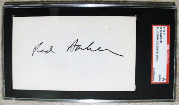 RED BARBER SIGNED 3X5 INDEX CARD - SGC SLABBED & AUTHENTICATED