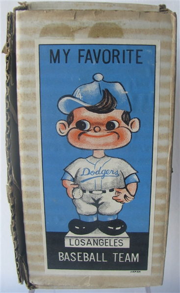 60's LOS ANGELES DODGERS WHITE BASE BOBBING HEAD w/PICTURE BOX- CHEST DECAL VARIATION