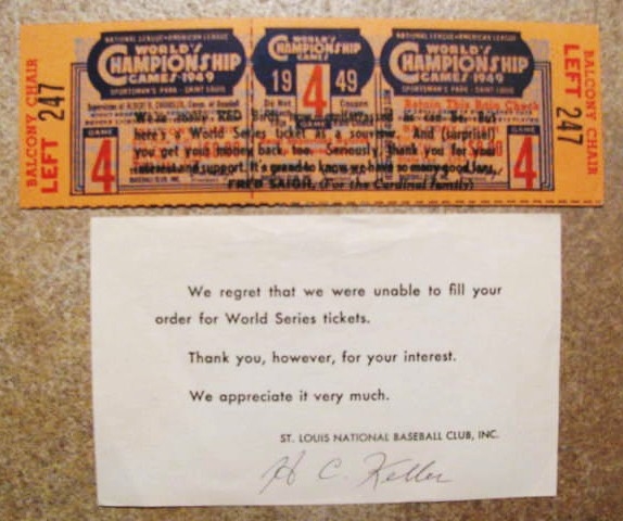 1949 ST LOUIS CARDINALS WORLD SERIES PHANTOM TICKET WITH INSERT