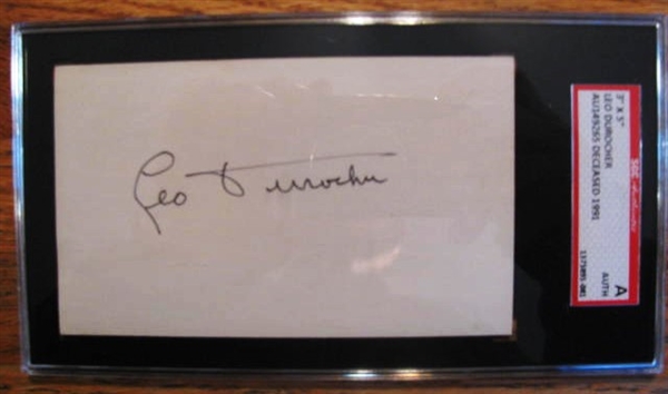 LEO DUROCHER SIGNED 3X5 INDEX CARD - SGC SLABBED & AUTHENTICATED