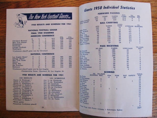 1951 NEW YORK GIANTS FOOTBALL PRESS RADIO/TV MEDIA GUIDE 