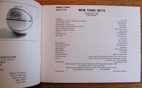 1972-73 ABA NEW YORK NETS OFFICIAL PRESS GUIDE
