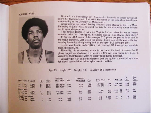 1973-74 ABA NEW YORK NETS OFFICIAL PRESS GUIDE w/ DR J