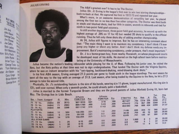 1974-75 ABA NEW YORK NETS OFFICIAL PRESS GUIDE w/ DR J