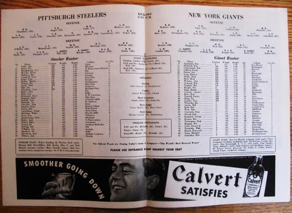 1955 NY GIANTS VS PITTSBURGH STEELERS FOOTBALL PROGRAM - POLO GROUNDS