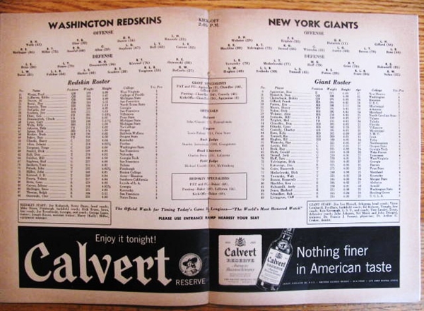 1956 NY GIANTS VS WASHINGTON REDSKINS FOOTBALL PROGRAM - YANKEE STADIUM