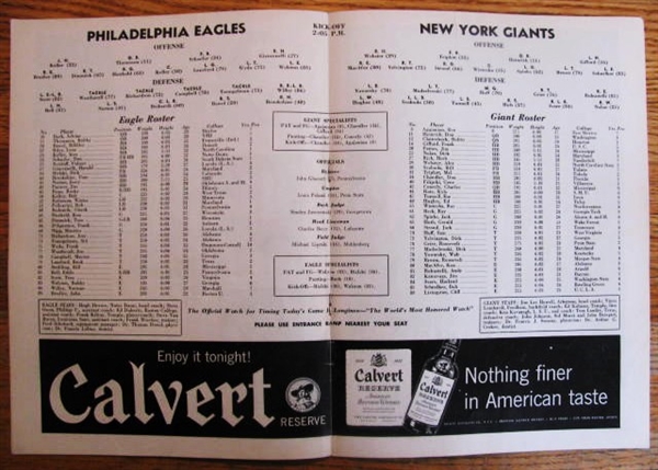 1956 NY GIANTS VS PHILADELHIA FOOTBALL PROGRAM - YANKEE STADIUM