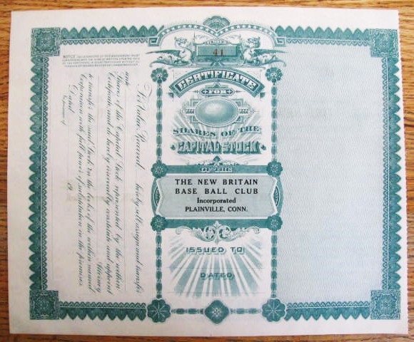 VINTAGE NEW BRITAIN BASEBALL CLUB UNISSUED STOCK CERTIFICATE