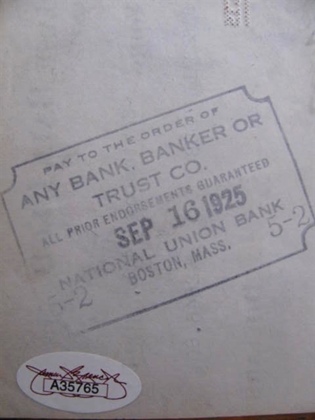 RUPPERT / BARROW 1925 NY YANKEES SIGNED CHECK w/JSA COA