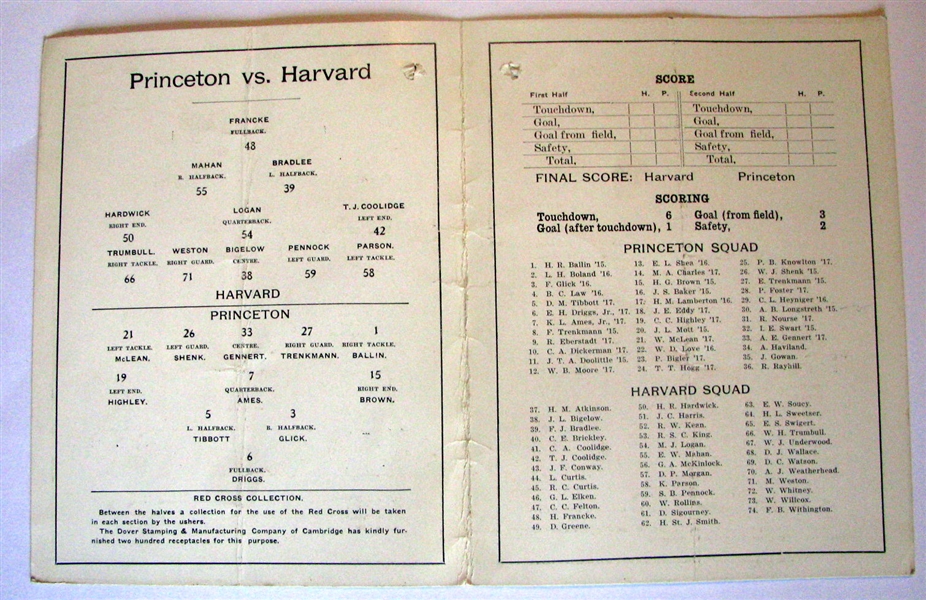 1914 PRINCETON VS HARVARD FOOTBALL PROGRAM w/RULE CHANGES