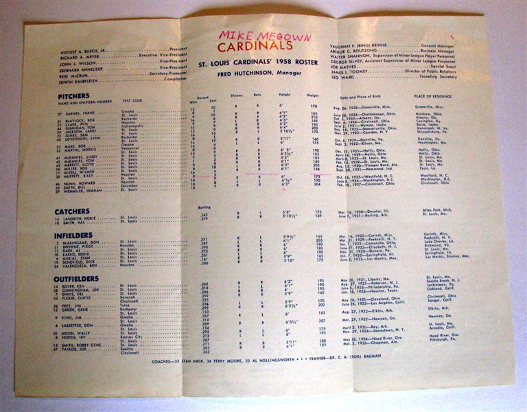 1958 ST.LOUIS CARDINALS ROSTER BOOKLET