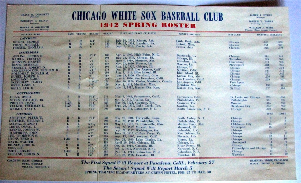 1942 CHICAGO WHITE SOX ROSTER BOOKLET w/JIMMIE DYKES COVER