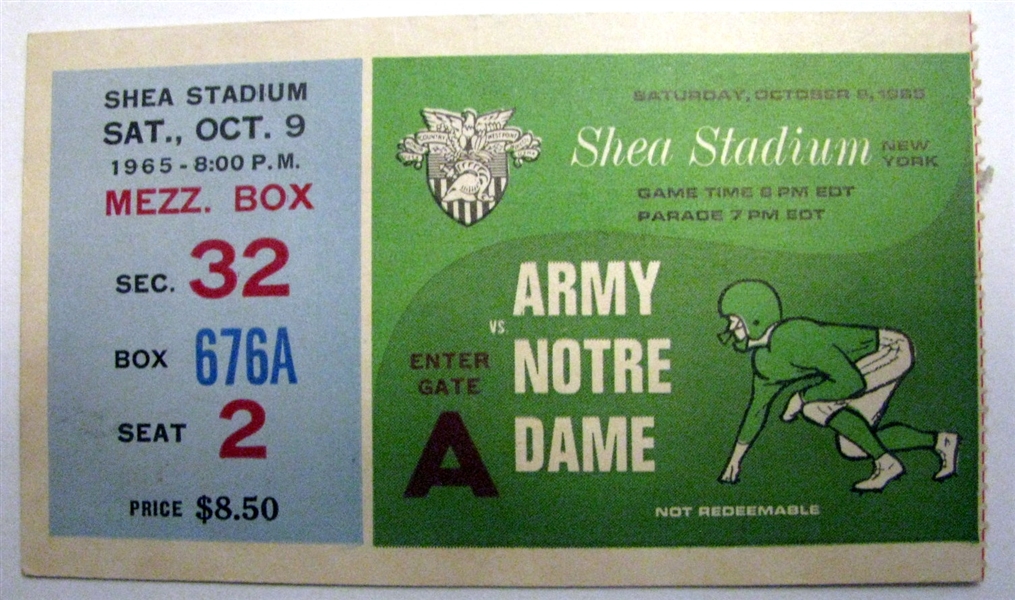 1965 ARMY VS NOTRE DAME TICKET STUB @ SHEA STADIUM