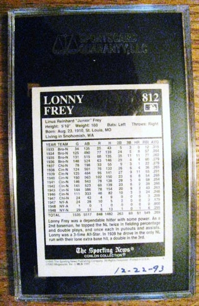 LONNY FREY - BKLYN DODGERS SIGNED BASEBALL CARD - SGC SLABBED & AUTHENTICATED