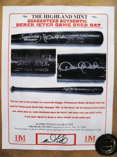 DEREK JETER GAME USED BAT LIMITED EDITION DISPLAY - HIGHLAND MINT