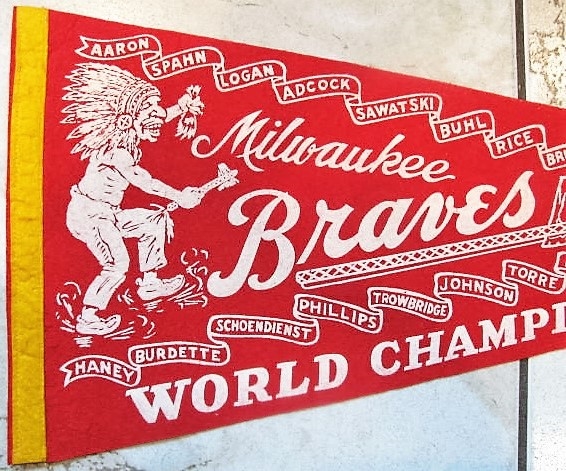 1957 MILWAUKEE BRAVES WORLD CHAMPIONS PLAYER NAME FULL SIZE PENNANT