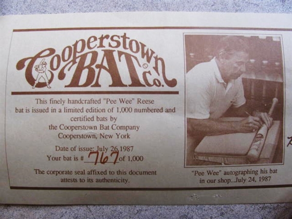 PEE WEE REESE SIGNED COOPERSTOWN PICTURE BASEBALL BAT w/COOPERSTOWN COA