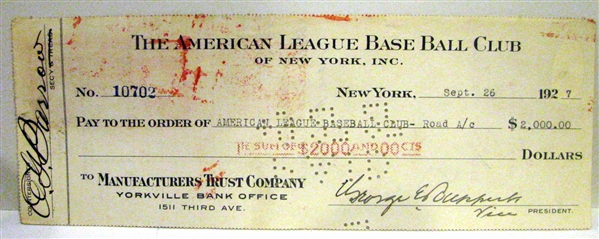 1927 NEW YORK YANKEES CHECK SIGNED BY ED BARROW & GEORGE RUPPERT w/JSA COA