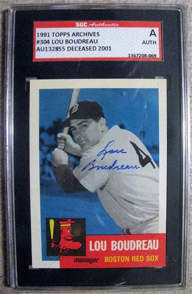 LOU BOUDREAU SIGNED 1991 TOPPS ARCHIVES BASEBALL CARD - SGC SLABBED & AUTHENTICATED