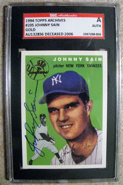 JOHNNY SAIN SIGNED 1991 TOPPS ARCHIVES BASEBALL CARD - SGC SLABBED & AUTHENTICATED