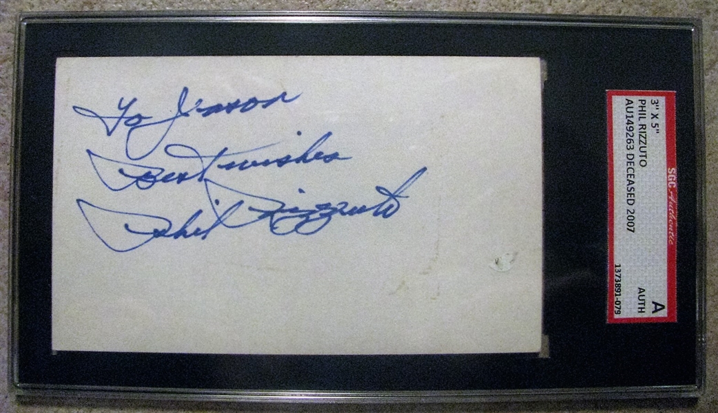PHIL RIZZUTO SIGNED 3x5 INDEX CARD - SGC SLABBED & AUTHENTICATED