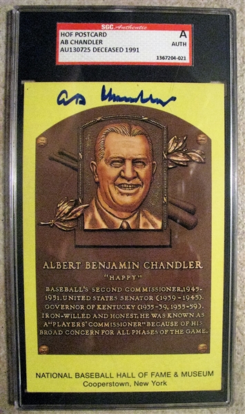 AB CHANDLER SIGNED HOF POST CARD - SGC SLABBED & AUTHENTICATED