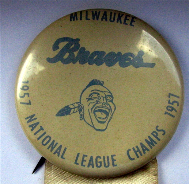 1957 MILWAUKEE BRAVES NATIONAL LEAGUE CHAMPIONS PIN w/RIBBON SCROLL OF PLAYERS