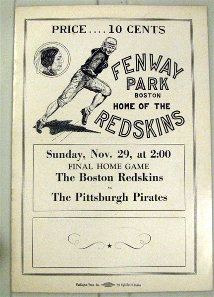 11/29/36 BOSTON REDSKINS VS PITTSBURGH PIRATES NFL PROGRAM - LAST HOME GAME EVER IN BOSTON