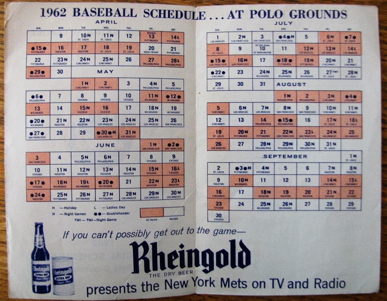 1962 NEW YORK METS OFFICIAL SCHEDULE - 1ST SEASON POLO GROUNDS