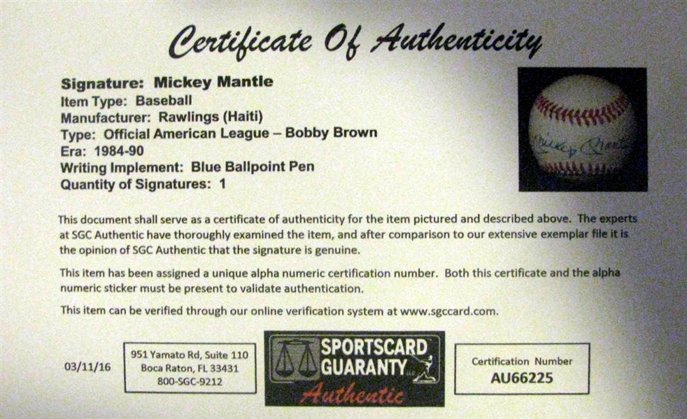 MICKEY MANTLE SINGLE SIGNED BASEBALL w/SGC LOA