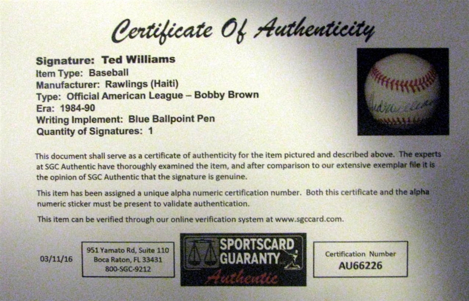 TED WILLIAMS SINGLE SIGNED BASEBALL w/SGC LOA