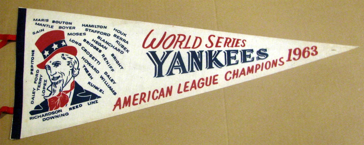 1963 NEW YORK YANKEES WORLD SERIES PENNANT w/PLAYER NAMES